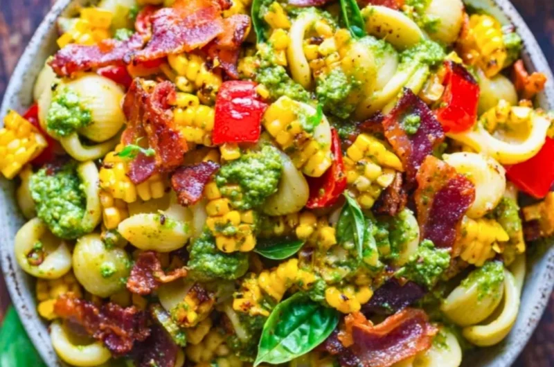Summer pasta salad with corn, bell pepper, bacon, and creamy pesto dressing in a bowl.