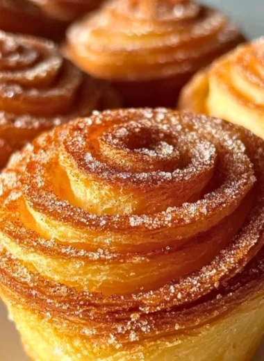 Delicious churro cruffins coated in cinnamon sugar on a plate