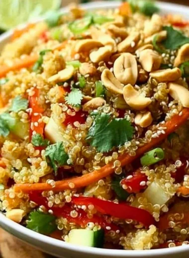Delicious Thai Quinoa Crunch Salad with colorful vegetables and a fresh dressing.
