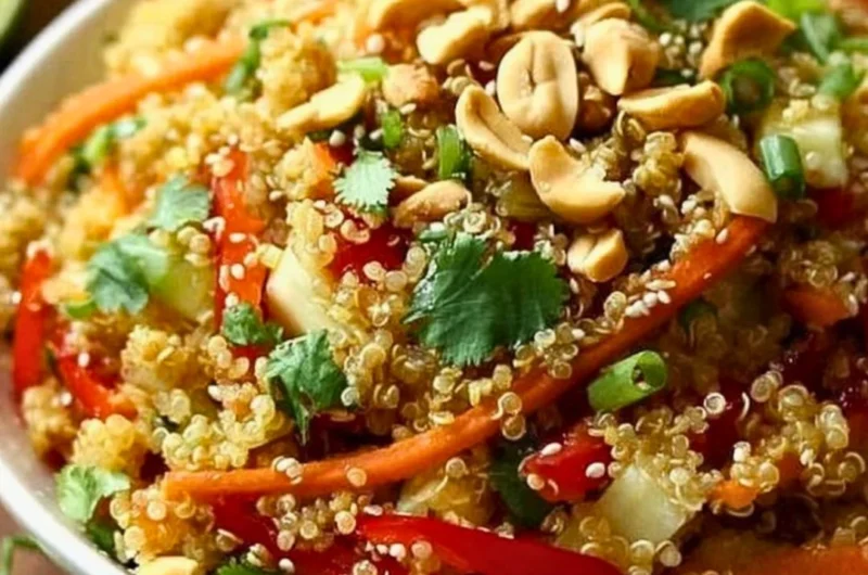Delicious Thai Quinoa Crunch Salad with colorful vegetables and a fresh dressing.