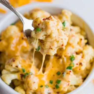 Delicious Cauliflower Mac and Cheese bowl topped with herbs and cheese