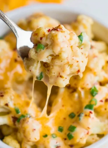 Delicious Cauliflower Mac and Cheese bowl topped with herbs and cheese