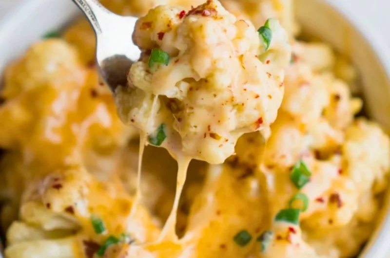 Delicious Cauliflower Mac and Cheese bowl topped with herbs and cheese