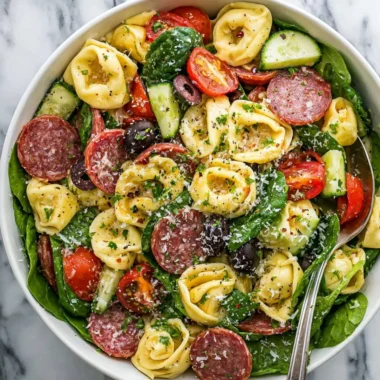 Colorful tortellini pasta salad served in a bowl with fresh vegetables