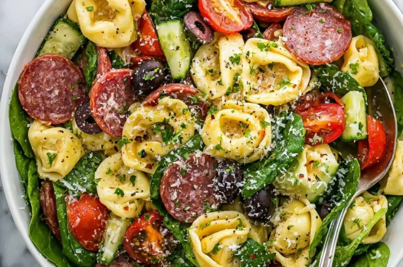 Colorful tortellini pasta salad served in a bowl with fresh vegetables