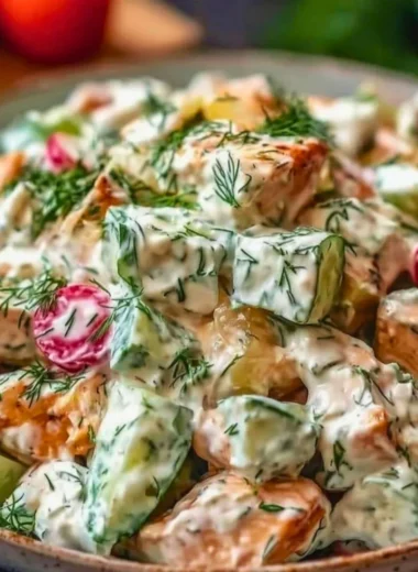 Delicious Tzatziki Chicken Salad with fresh ingredients in a bowl