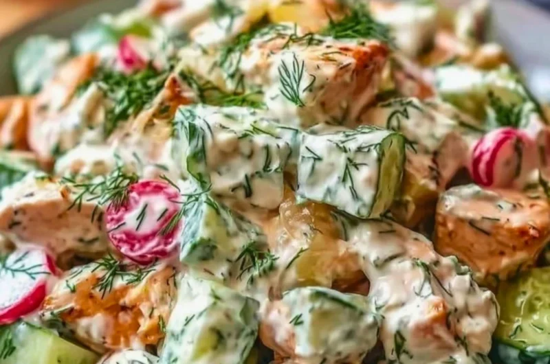 Delicious Tzatziki Chicken Salad with fresh ingredients in a bowl