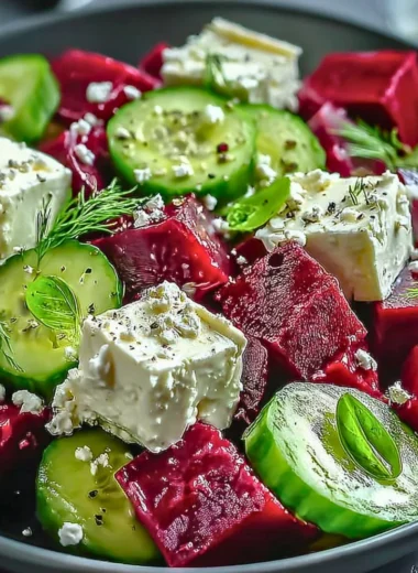 Vibrant beet salad with feta cheese and cucumbers on a wooden table