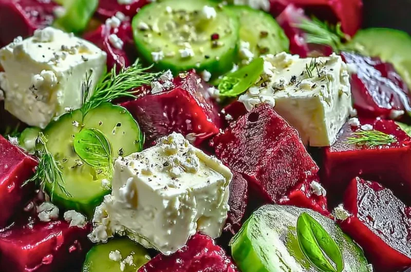 Vibrant beet salad with feta cheese and cucumbers on a wooden table