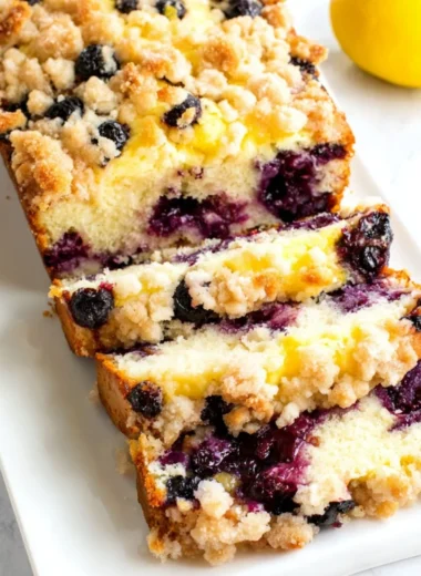 Freshly baked Blueberry Lemon Loaf on a wooden table