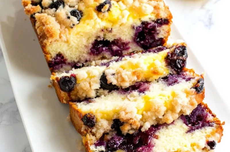 Freshly baked Blueberry Lemon Loaf on a wooden table