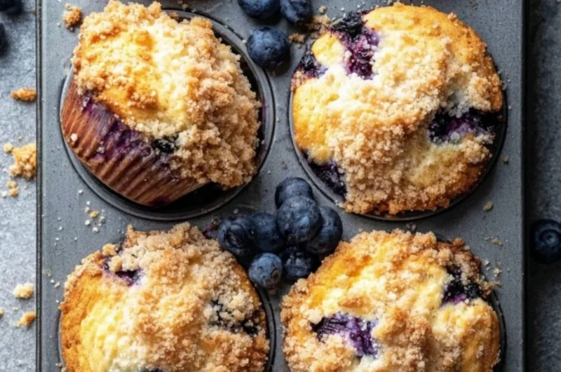 Freshly baked blueberry muffins with a golden brown top and juicy blueberries.