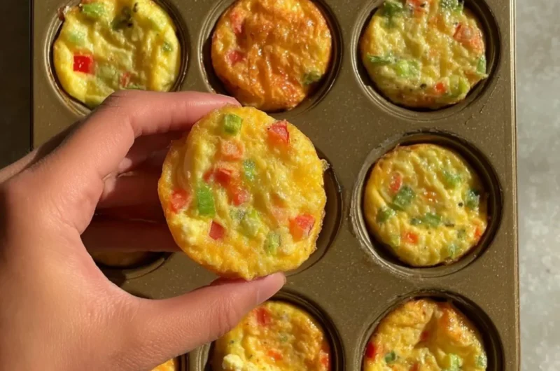 Delicious breakfast egg muffins served on a plate with herbs and vegetables.