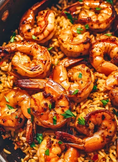 Delicious Cajun shrimp and rice skillet topped with fresh herbs.