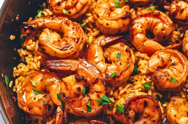 Delicious Cajun shrimp and rice skillet topped with fresh herbs.