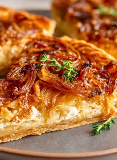 Caramelized onion and goat cheese tarts on a plate