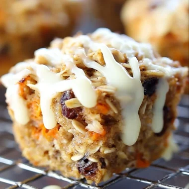Delicious Carrot Cake Baked Oatmeal Cups topped with cream cheese icing.