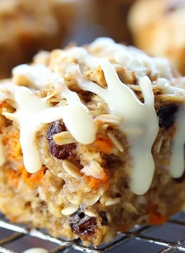 Delicious Carrot Cake Baked Oatmeal Cups topped with cream cheese icing.