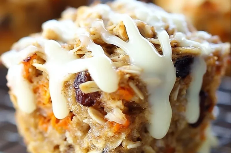 Delicious Carrot Cake Baked Oatmeal Cups topped with cream cheese icing.