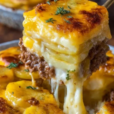 Cheesy hamburger potato casserole baked and served in a dish