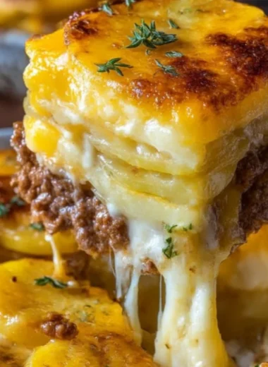 Cheesy hamburger potato casserole baked and served in a dish