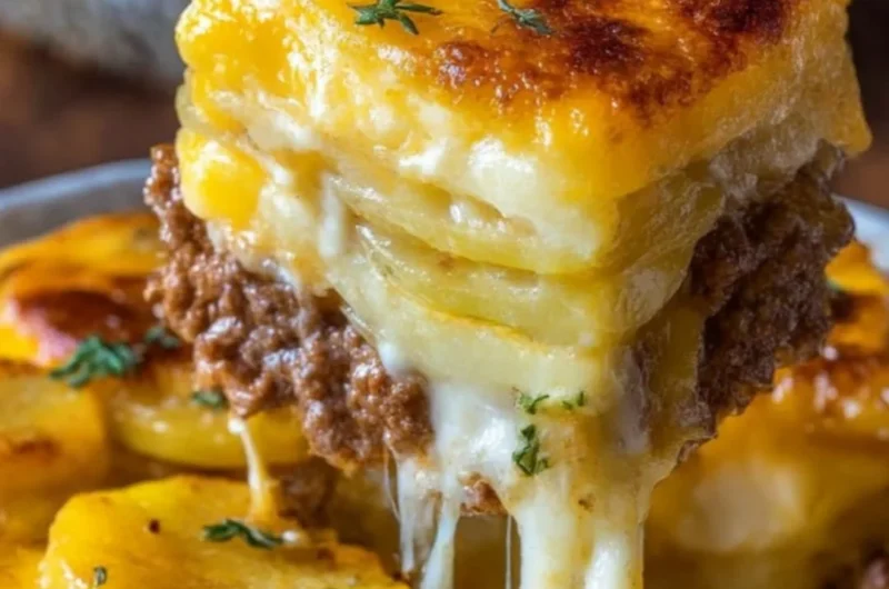 Cheesy hamburger potato casserole baked and served in a dish