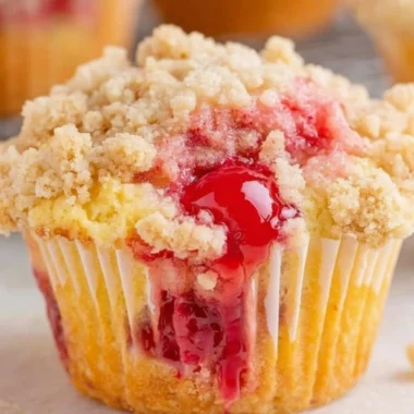 Freshly baked Cherry Cobbler Muffins topped with cherries and a crumbly streusel.