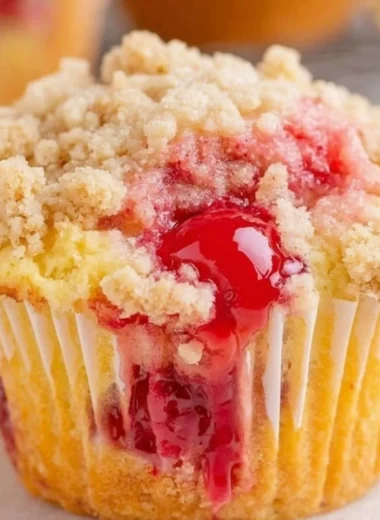 Freshly baked Cherry Cobbler Muffins topped with cherries and a crumbly streusel.