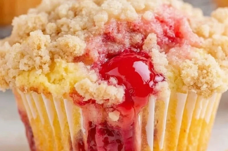 Freshly baked Cherry Cobbler Muffins topped with cherries and a crumbly streusel.