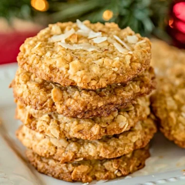 Delicious Coconut Oatmeal Cookies on a plate with coconut flakes and oats.