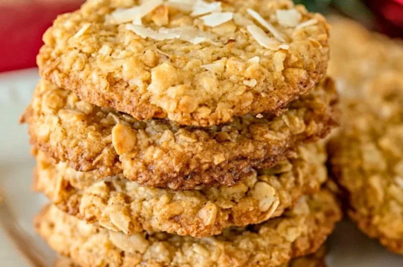 Delicious Coconut Oatmeal Cookies on a plate with coconut flakes and oats.