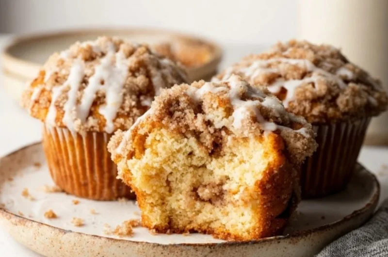 Freshly baked Coffee Cake Muffins on a wooden table