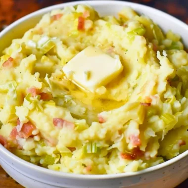 Delicious serving of Colcannon, traditional Irish mashed potatoes with cabbage.