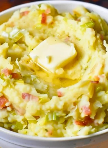 Delicious serving of Colcannon, traditional Irish mashed potatoes with cabbage.
