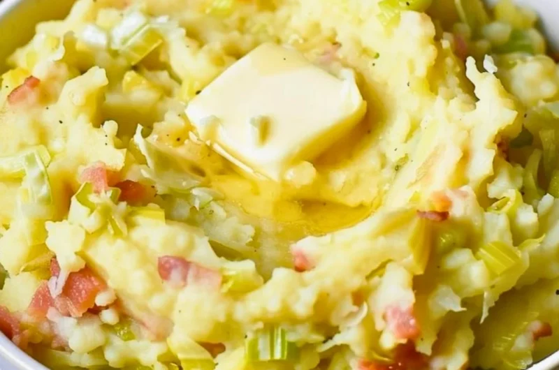 Delicious serving of Colcannon, traditional Irish mashed potatoes with cabbage.