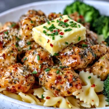 Delicious Cowboy Butter Lemon Bowtie Chicken served with a side of broccoli.