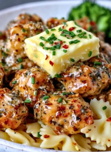 Delicious Cowboy Butter Lemon Bowtie Chicken served with a side of broccoli.
