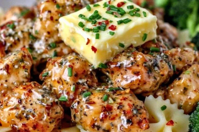 Delicious Cowboy Butter Lemon Bowtie Chicken served with a side of broccoli.