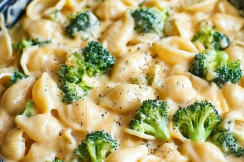 Creamy broccoli mac and cheese dish with cheesy sauce and fresh broccoli