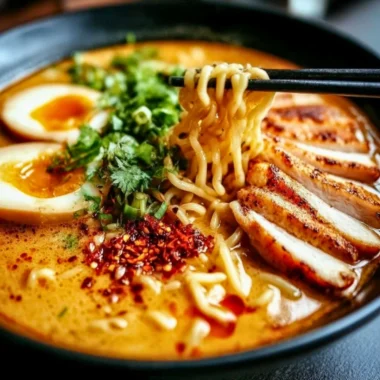 Creamy garlic chicken ramen served in a bowl with fresh herbs and toppings