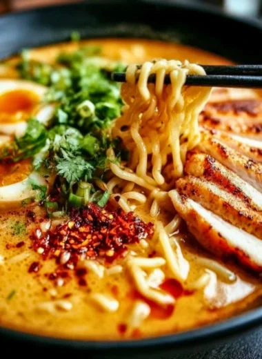 Creamy garlic chicken ramen served in a bowl with fresh herbs and toppings