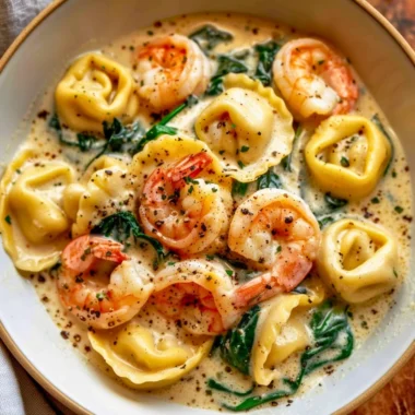 Creamy shrimp and spinach tortellini dish, perfect for a delicious dinner