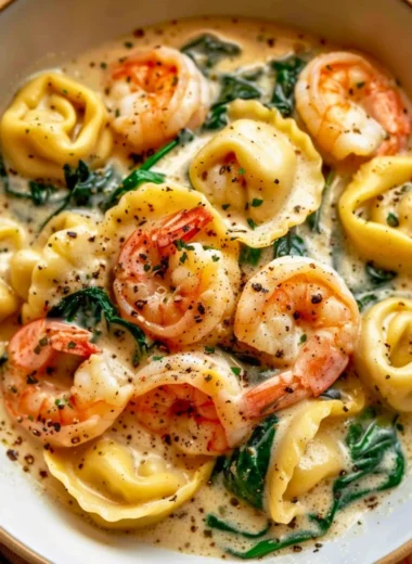 Creamy shrimp and spinach tortellini dish, perfect for a delicious dinner