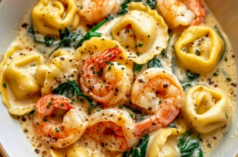 Creamy shrimp and spinach tortellini dish, perfect for a delicious dinner