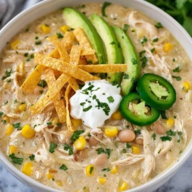 Bowl of creamy white chicken chili topped with cilantro and sour cream