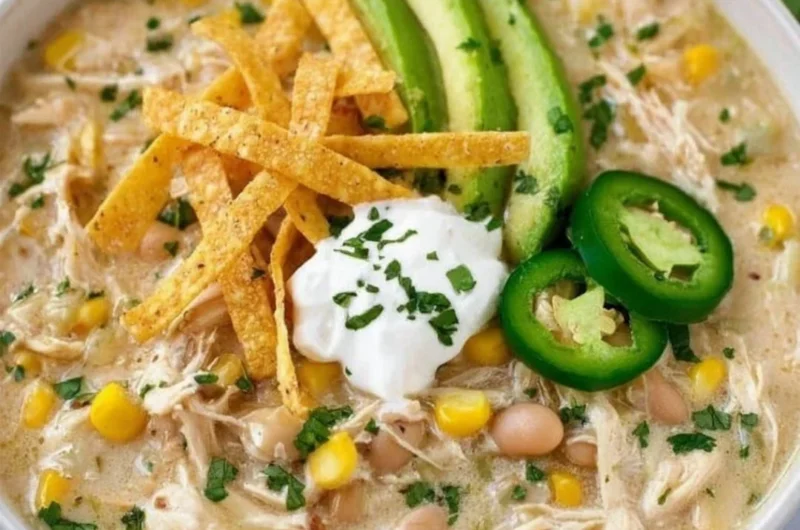 Bowl of creamy white chicken chili topped with cilantro and sour cream