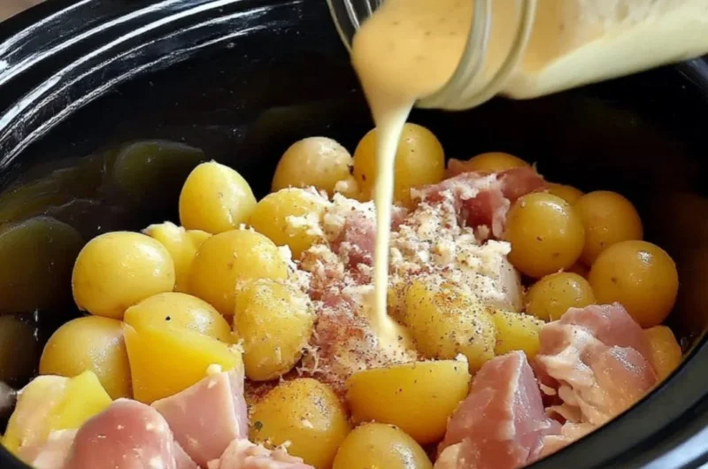 Crock Pot Parmesan Garlic Chicken with potatoes served on a plate