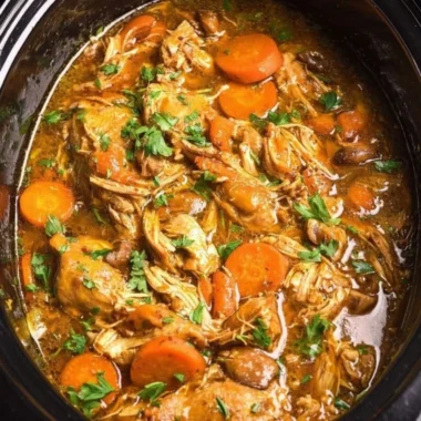 Delicious crockpot chicken thigh pot roast with vegetables and herbs.
