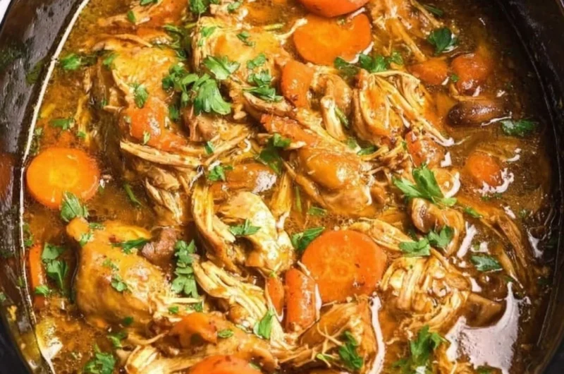 Delicious crockpot chicken thigh pot roast with vegetables and herbs.