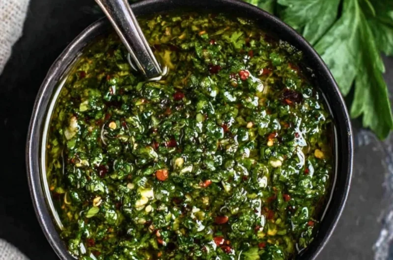 Freshly made chimichurri sauce in a bowl with herbs and spices